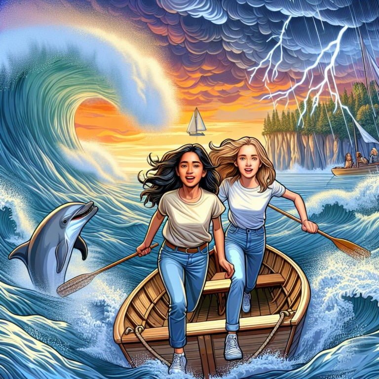 A vibrant cartoon of Anna and Mia on a small boat amid a stormy ocean with tall waves, dark clouds, a dolphin, and a sunny island cave scene post-storm.