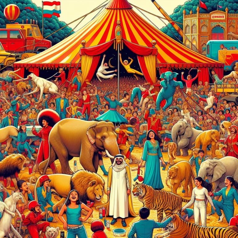 A vibrant circus scene with acrobats, clowns, lions, a magician, a colorful parade, and two girls with a monkey.